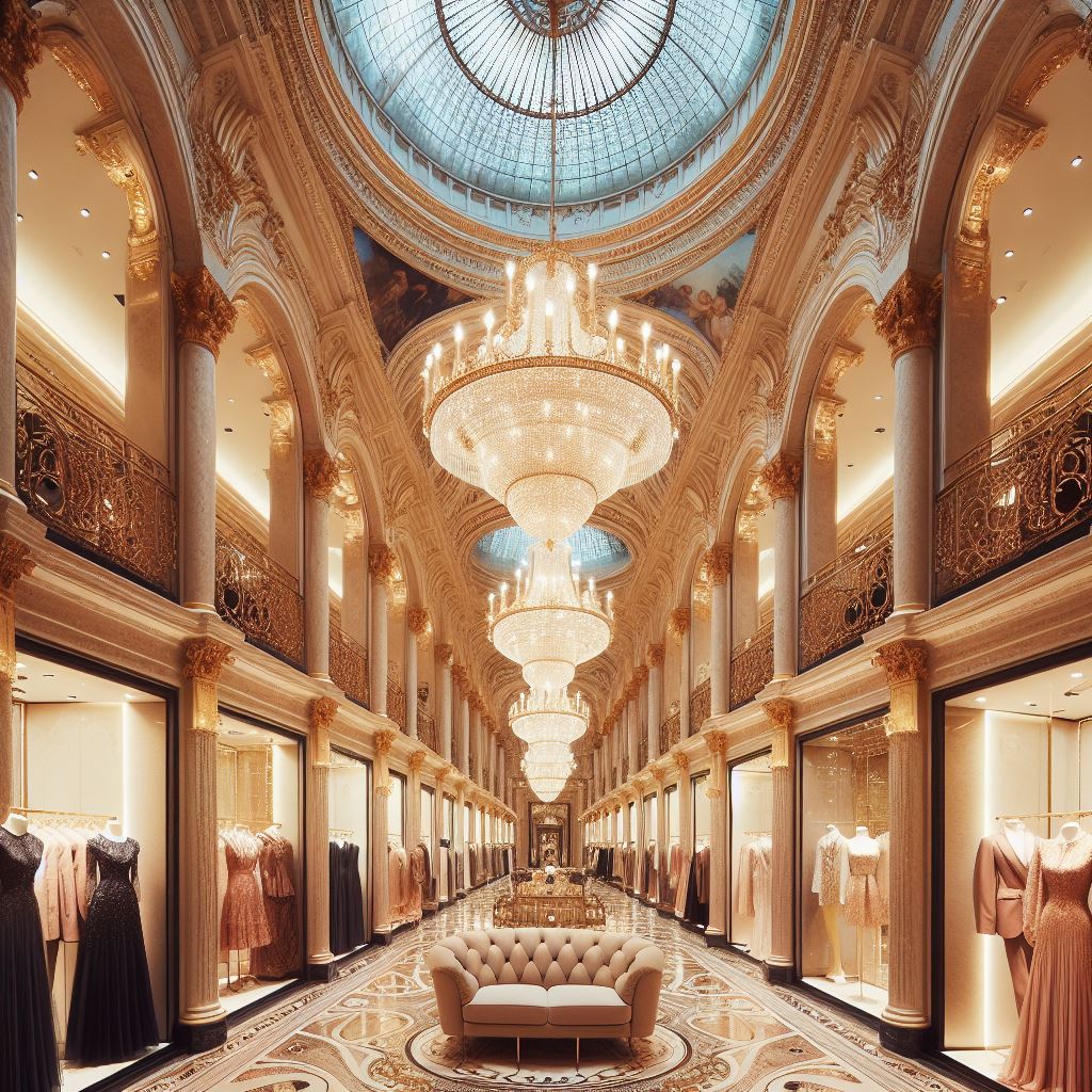 Una tienda italiana grande de vestidos, elegante y sofisticada