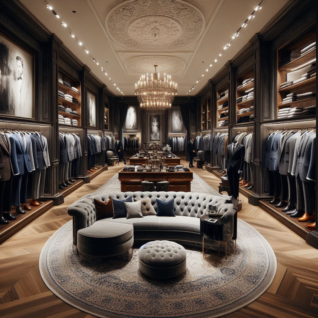 Una tienda italiana grande de vestidos, elegante y sofisticada con trajes de hombre elegantes y un ambiente más oscuro