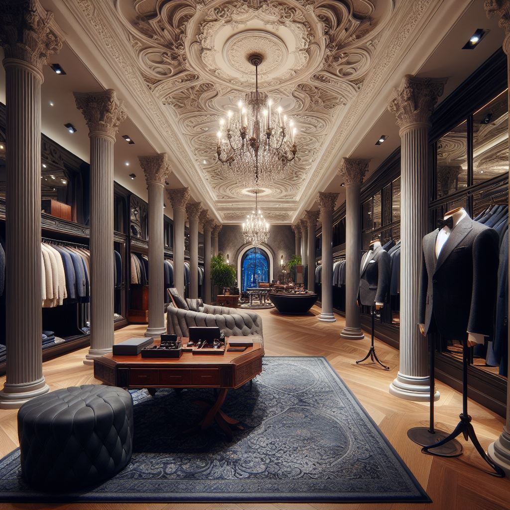 Una tienda italiana grande de vestidos, elegante y sofisticada con trajes de hombre elegantes y un ambiente más oscuro