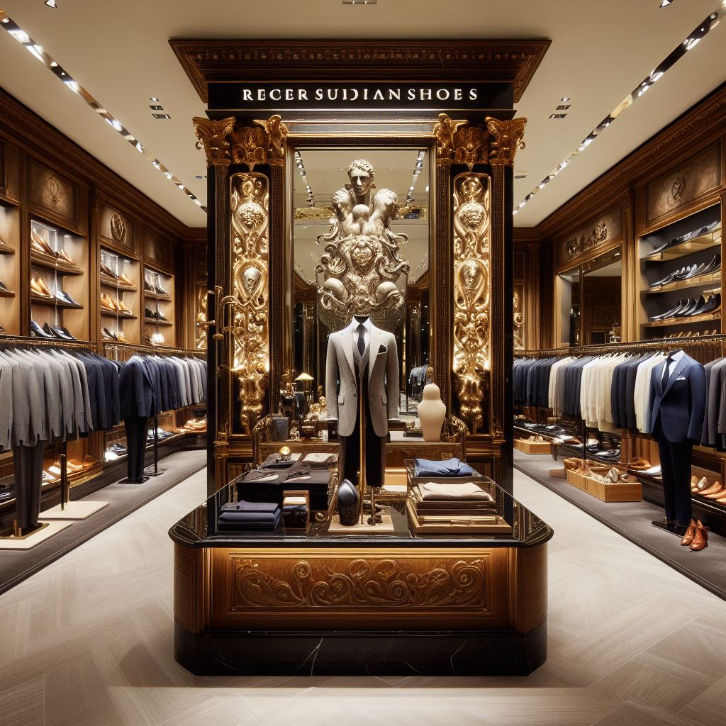 Una tienda italiana grande de trajes de hombres, rejojes y zapatos elegantes, la tienda tiene que ser grande, un poco oscura con sala de probadores y espejos