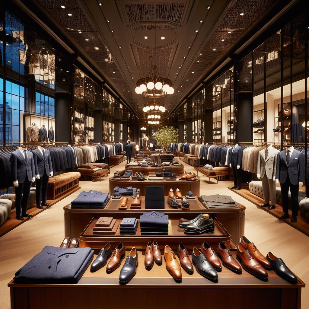 Una tienda italiana grande de trajes de hombres, rejojes y zapatos elegantes, la tienda tiene que ser grande, un poco oscura con sala de probadores y espejos