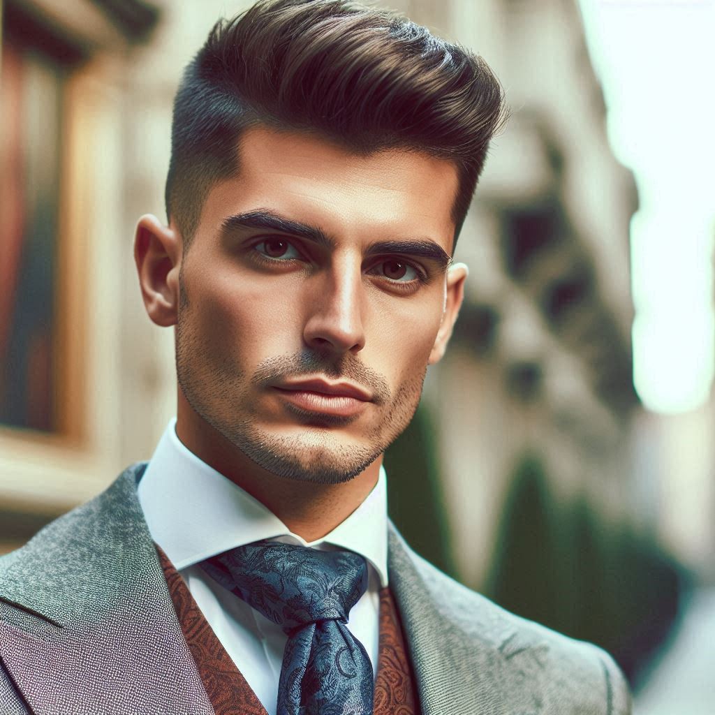 un hombre de veinti algo años con el pelo muy corto y que vista con un traje muy elegante, con el pelo aún más corto